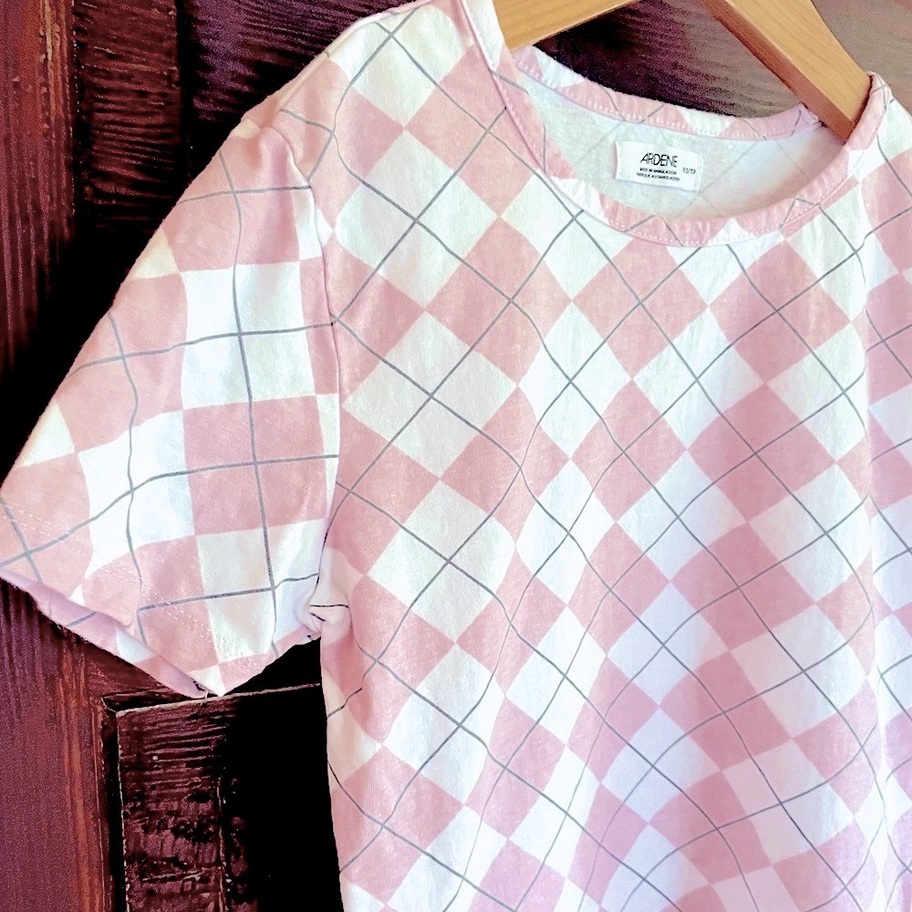 5/$20💥XS Classic Argyle Tapered Lightweight T-Shirt, Short Sleeve, Pink White